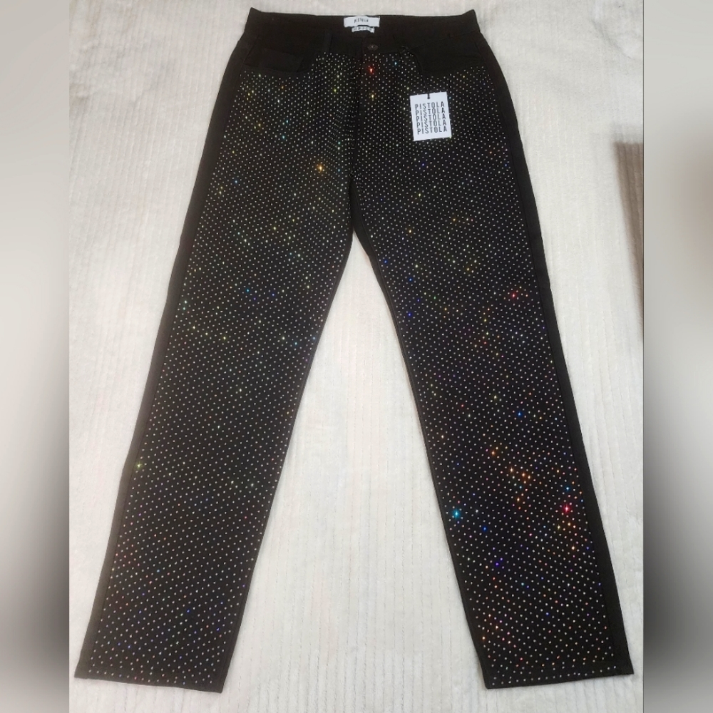NWT Pistola Black Rhinestone Jeans Size 28